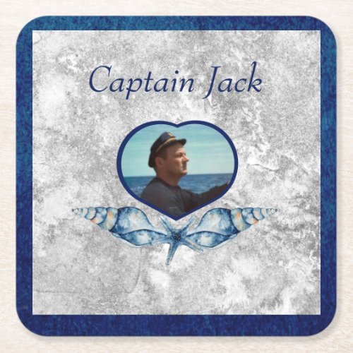 Nautical_theme Navy Blue Photo  Shells Watercolor  Square Paper Coaster