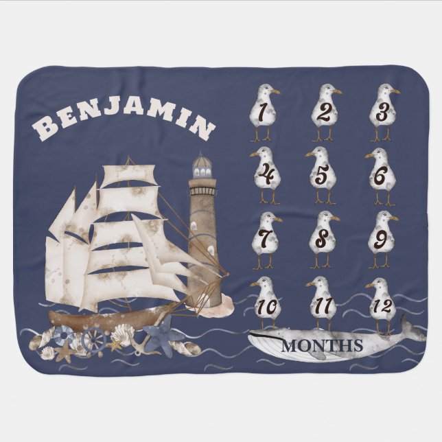 Nautical Theme Navy Blue Sailboat Name Milestone Baby Blanket (Horizontal)