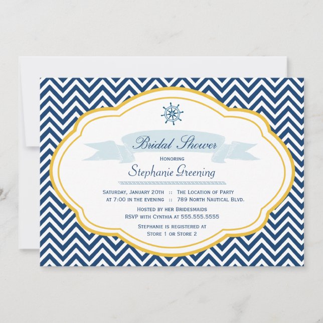 Nautical theme navy gold bridal shower invitation (Front)