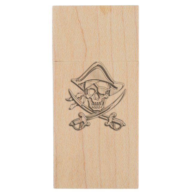 Nautical Theme Pirate Design Wood USB Flash Drive (Front Vertical)