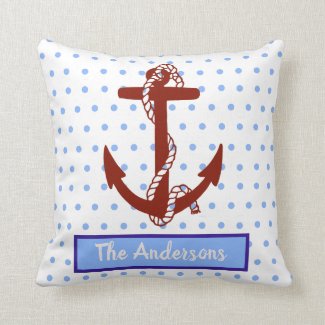 Nautical Theme, Red and Blue Anchors, Blue Pindots Throw Pillow