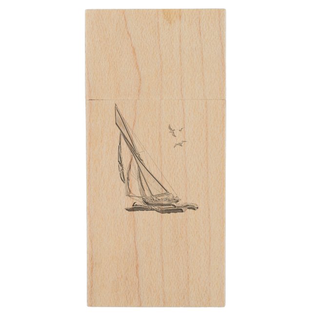 Nautical Theme Regatta Design Wood USB Flash Drive (Front Vertical)
