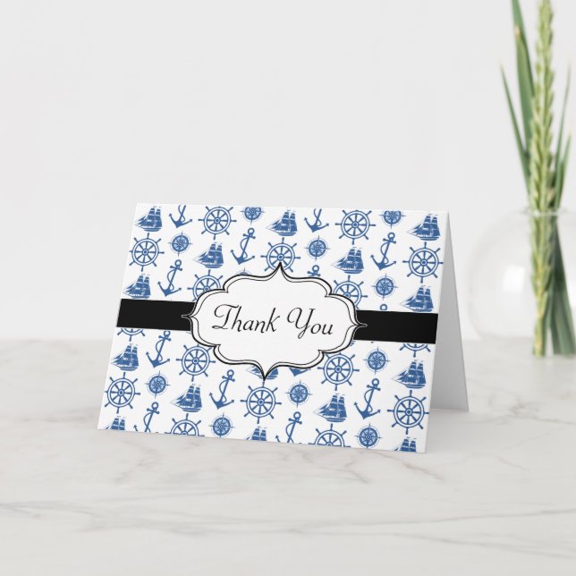 Nautical Theme Ships Anchor Blue and White Thank You Card (Front)