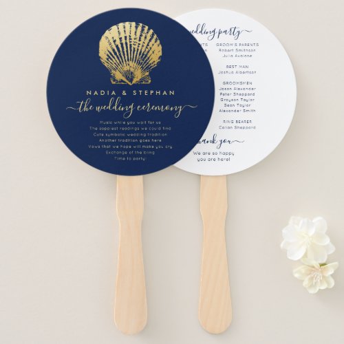 Nautical Theme Wedding Seashell Gold Navy Blue Hand Fan