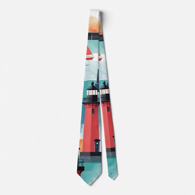 Nautical Theme With Lighthouses and Boats Pattern Neck Tie (Front)