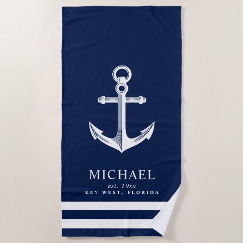 Nautical Themed Anchor  Custom Name Beach Towel