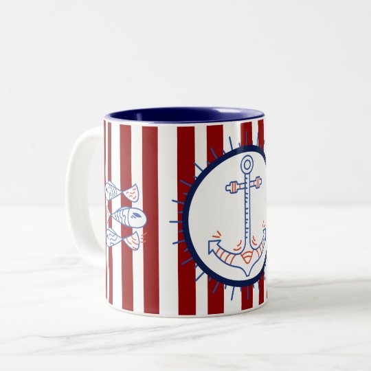 Nautical Themed Anchor Fish Sailing Blue Red White Two Tone Coffee Nautical Themed Anchor Fish Sailing Blue Red White Two Tone Coffee Mug