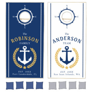 Nautical Themed Anchor Gold Laurel Compass Navy Cornhole Set