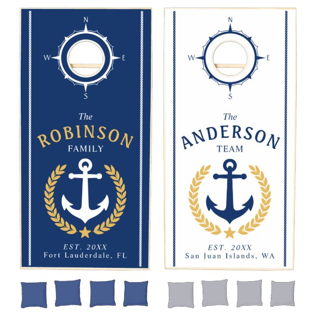 Nautical Themed Anchor Gold Laurel Compass Navy Cornhole Set (Set)