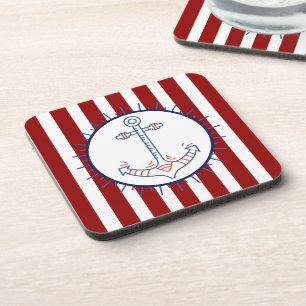 Nautical Themed Anchor Sailing Blue Red White Beverage Coaster