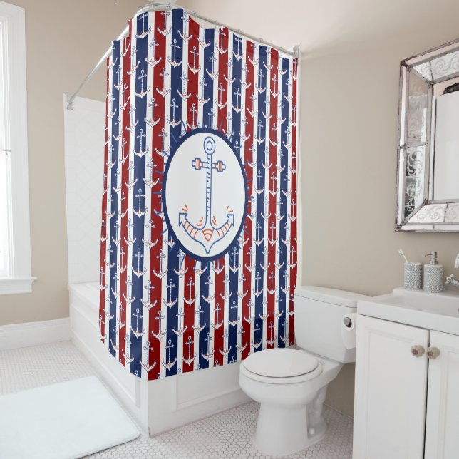 Nautical Themed Anchor Sailing Blue Red White Shower Curtain (In Situ)