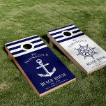 Nautical Themed Anchor|Wheel Beach House Cornhole Set<br><div class="desc">A fully customizable and fun cornhole set with a nautical theme. It features a set of nautical-themed items on each side and a vibrant navy and white color scheme. Inside the striped pattern area is a white circle around the holes marking them an extra easy-to-find target for your bean bags....</div>