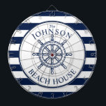 Nautical Themed Beach House Ship Wheel Dart Board<br><div class="desc">A fully customizable and fun dartboard set with a unique nautical theme. It features a ship wheel centered in the middle in a vibrant navy and white color scheme. All elements are unlocked and adjustable if you need to make changes.  Have fun being creative and making it your own.</div>