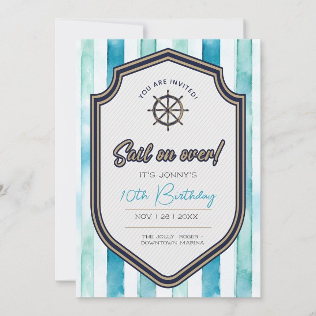 Nautical themed birthday card. 10th birthday.  invitation (Front)