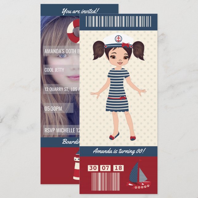 Nautical themed Birthday Party Boarding Pass photo Invitation (Front/Back)