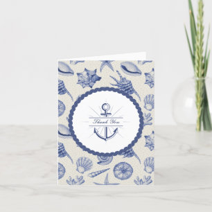Nautical Themed Blue Seashell Blank Letterpress Thank You Card