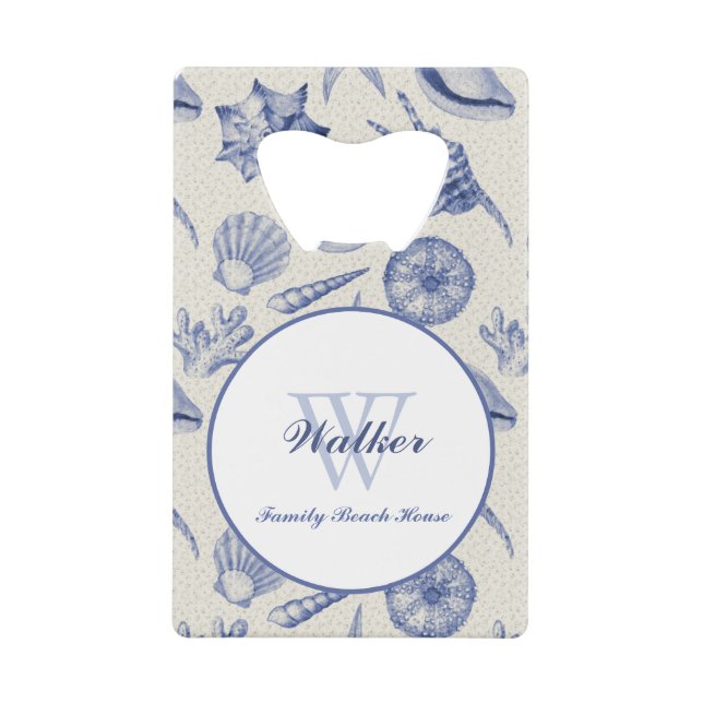Nautical Themed Blue Seashell Custom Credit Card Bottle Opener (Front)