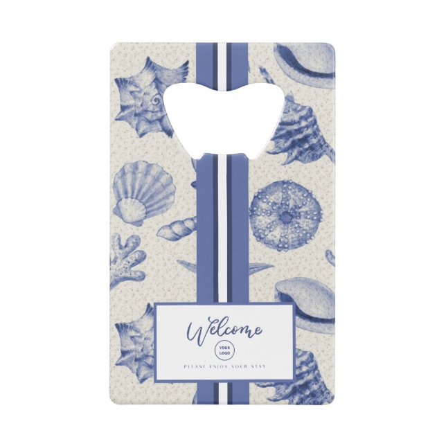 Nautical Themed Blue Seashell Custom Credit Card Bottle Opener (Front)