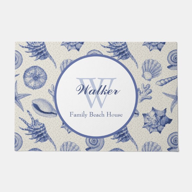 Nautical Themed Blue Seashell Custom Doormat (Front)