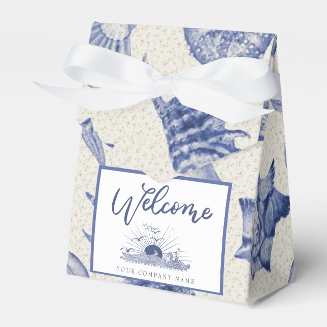 Nautical Themed Blue Seashell Ribboned Favor Box (Front Side)
