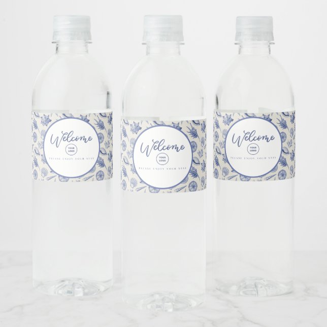 Nautical Themed Blue Seashell Water Bottle Label (Bottles)
