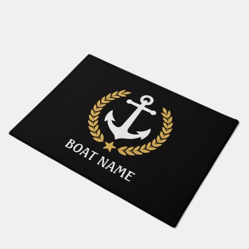 Nautical Themed Boat Name Anchor Gold Laurel Black Doormat