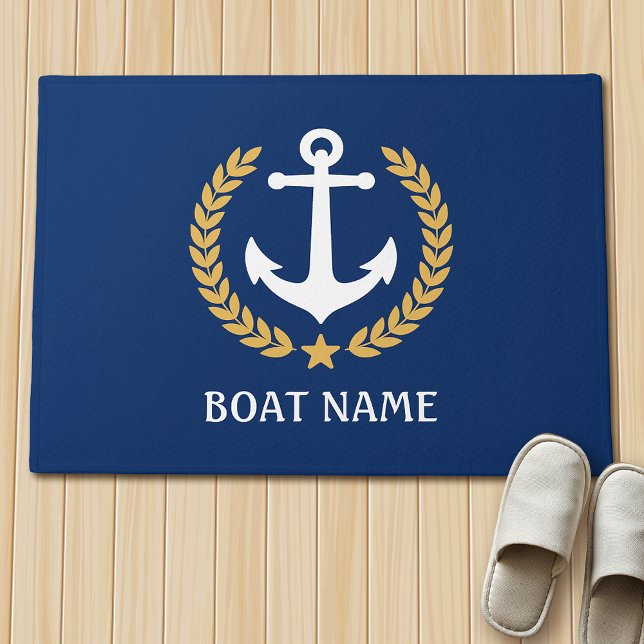 Nautical Themed Boat Name Anchor Gold Laurel Blue Doormat (Several sizes to choose from.)