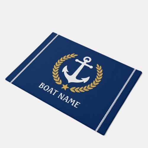Nautical Themed Boat Name Anchor Gold Laurel Navy Doormat