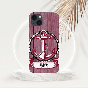 Nautical Themed Burgundy Planks and Anchor iPhone 13 Case