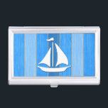Nautical themed design case for business cards<br><div class="desc">Nautical themed design with sailing boat decoration on striped blue and gray wooden background. Please note this is not made of wood,  it is a wood graphic print.</div>