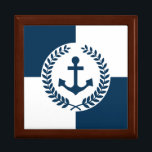 Nautical themed design gift box<br><div class="desc">Nautical themed design with anchor and laurel wreath decoration over blue and white geometric background</div>