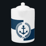 Nautical themed design teapot<br><div class="desc">Nautical themed design with anchor and laurel wreath decoration over blue and white geometric background</div>