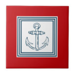 Nautical themed design tile<br><div class="desc">Nautical themed design with anchor decoration in striped squares on red background</div>
