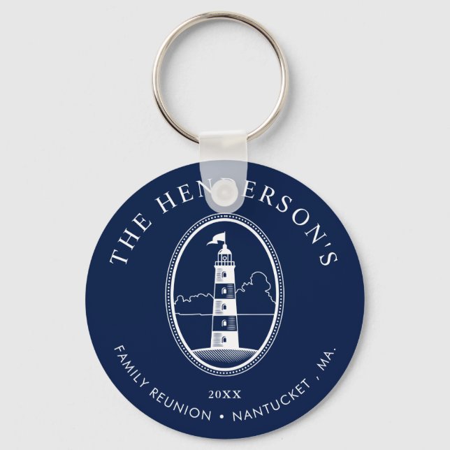 Nautical Themed Family Reunion Lighthouse Navy Keychain (Front)