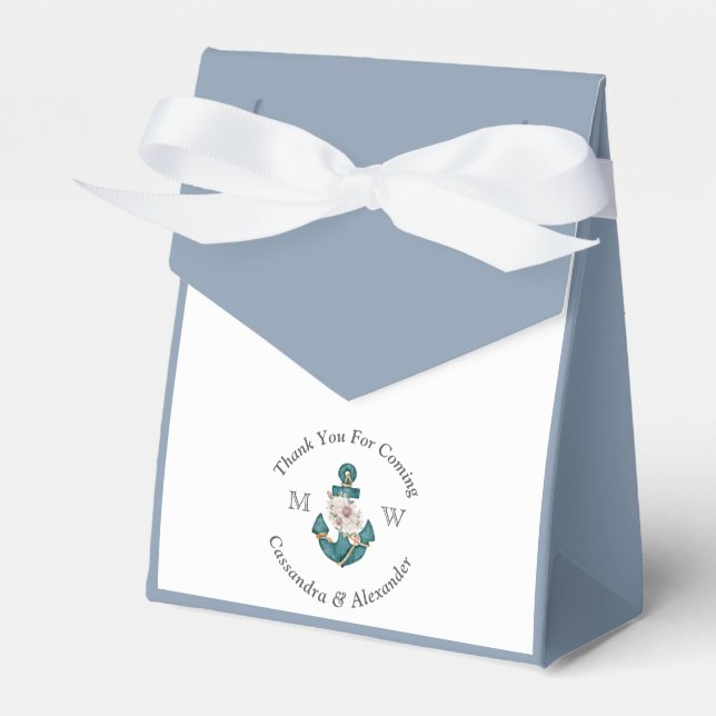 Nautical-Themed Floral Anchor Dusty Blue White  Favor Boxes (Front Side)