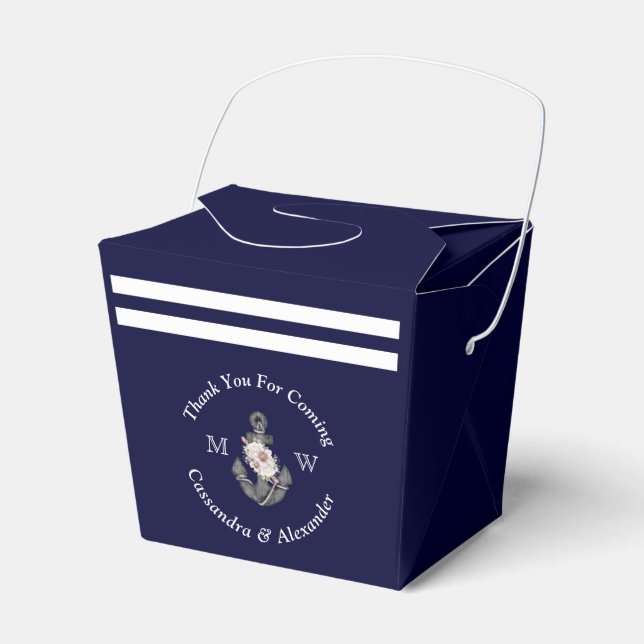 Nautical-Themed Floral Anchor White Navy Blue Favo Favor Boxes (Front Side)