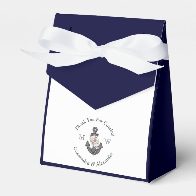 Nautical-Themed Floral Anchor White Navy Blue Favor Boxes (Front Side)
