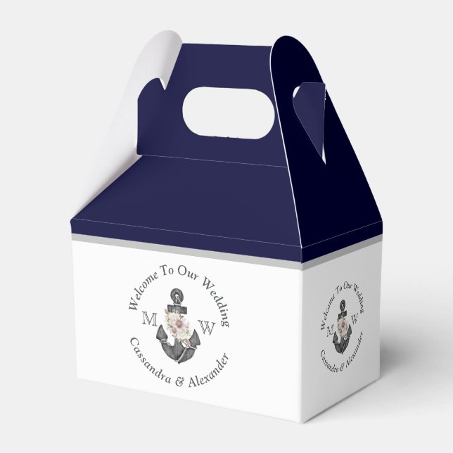 Nautical-Themed Floral Anchor White Navy Blue Favor Boxes (Front Side)