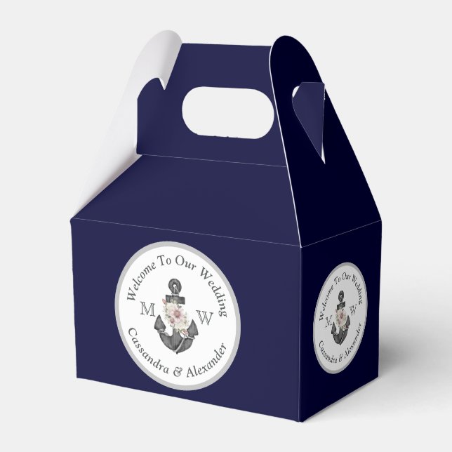 Nautical-Themed Floral Anchor White Navy Blue Favor Boxes (Front Side)