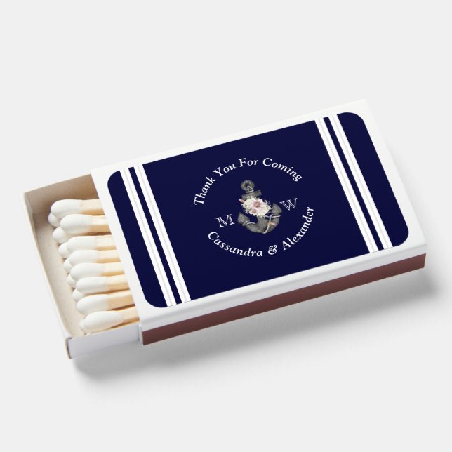 Nautical-Themed Floral Anchor White Navy Blue  Matchboxes (Front Open)