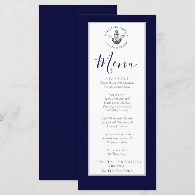 Nautical-Themed Floral Anchor White Navy Blue Menu (Front/Back)