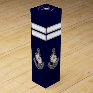 Nautical-Themed Floral Anchor White Navy Blue Wine Box