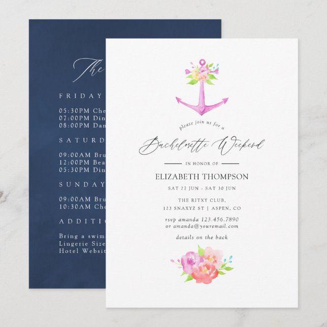 Nautical Themed Floral Bachelorette Weekend Invitation (Front/Back)