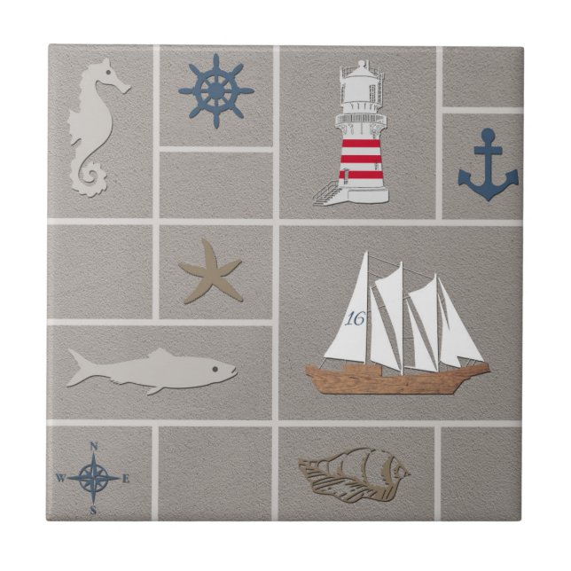 Nautical themed illustration ceramic tile (Front)