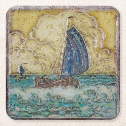 Nautical Themed Motif Sailboat Ocean Vintage Art Square Paper Coaster