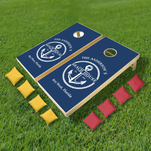 Nautical Themed Navy Blue Family Beach House Cornhole Set