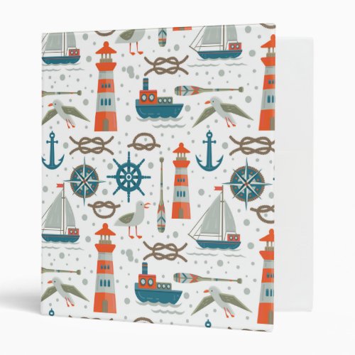 Nautical themed red teal gray white pattern 3 ring binder