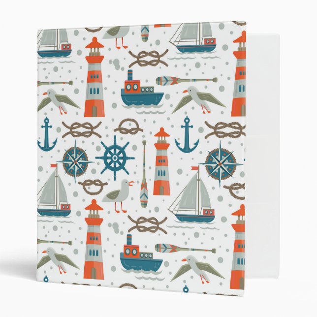 Nautical themed red teal gray white pattern 3 ring binder (Front/Inside)