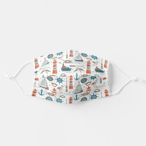 Nautical themed red teal gray white pattern adult cloth face mask