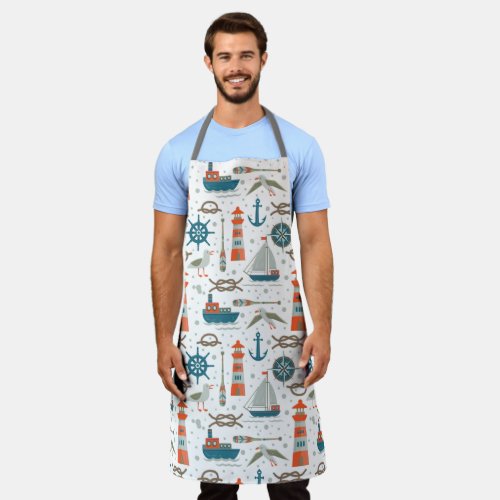Nautical themed red teal gray white pattern apron